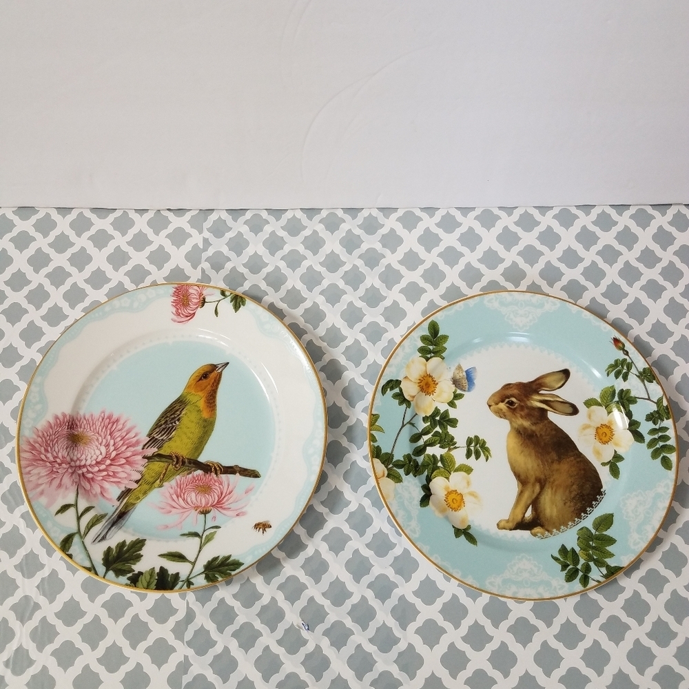 Williams Sonoma Garden Bunny and Spring Garden Bird Plates 9 Inch